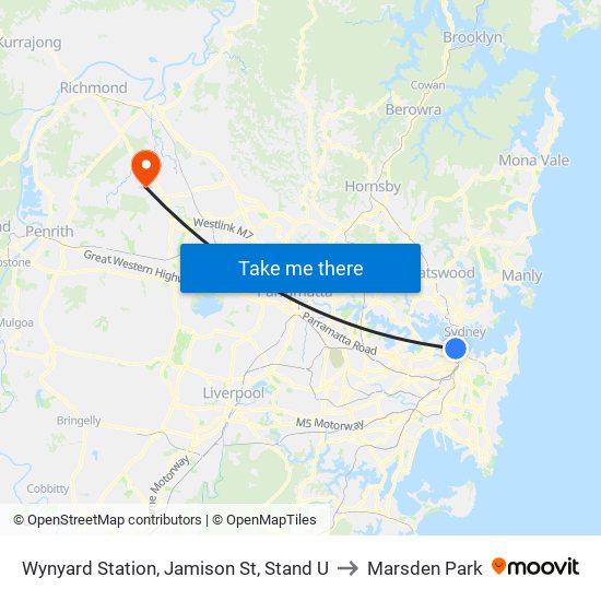 Wynyard Station, Jamison St, Stand U to Marsden Park map