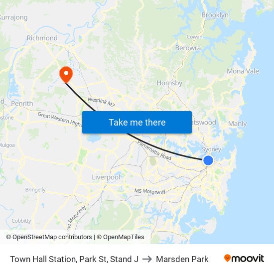 Town Hall Station, Park St, Stand J to Marsden Park map