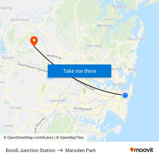 Bondi Junction Station to Marsden Park map