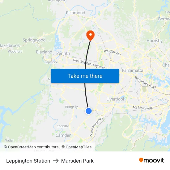 Leppington Station to Marsden Park map