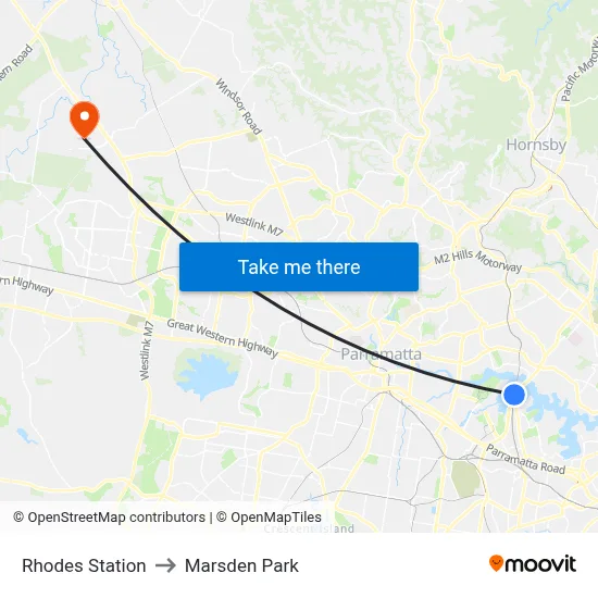 Rhodes Station to Marsden Park map
