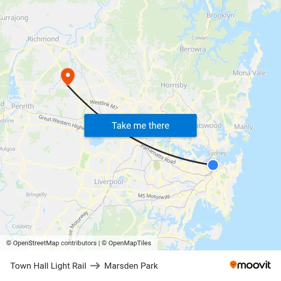Town Hall Light Rail to Marsden Park map