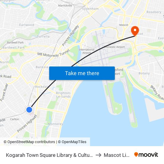 Kogarah Library to Mascot Library map
