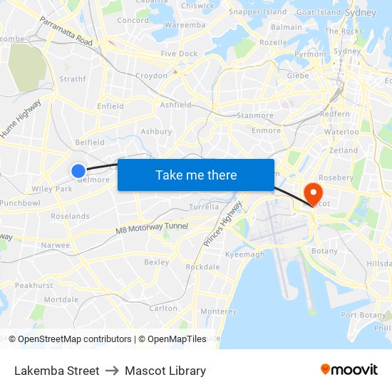 Lakemba Street to Mascot Library map