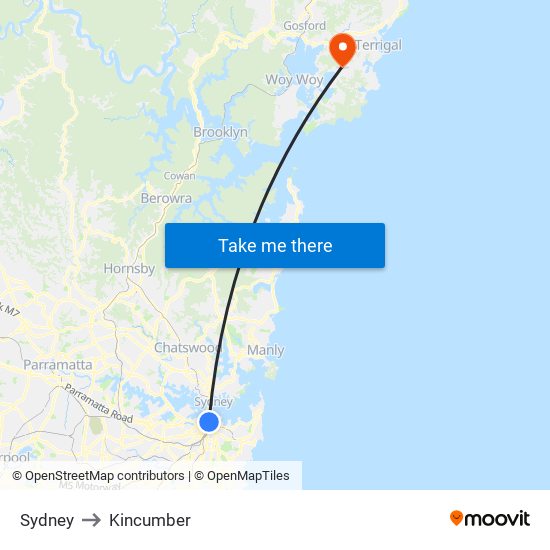 Sydney to Kincumber map