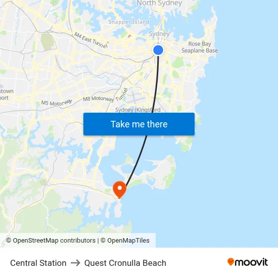 Central Station to Quest Cronulla Beach map