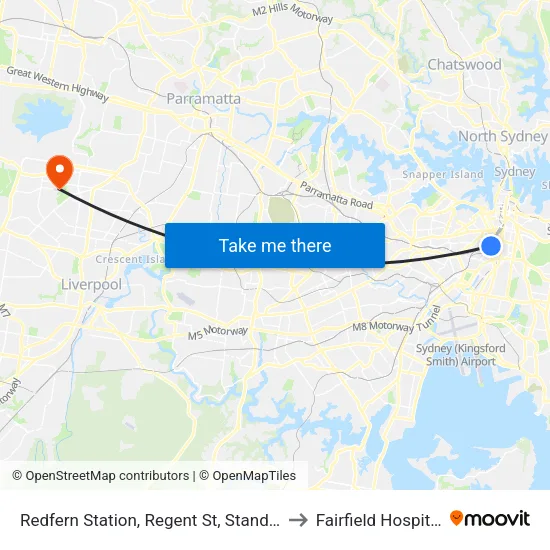 Redfern Station, Regent St, Stand C to Fairfield Hospital map