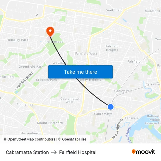Cabramatta Station to Fairfield Hospital map