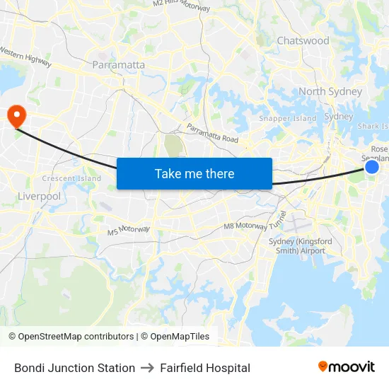 Bondi Junction Station to Fairfield Hospital map