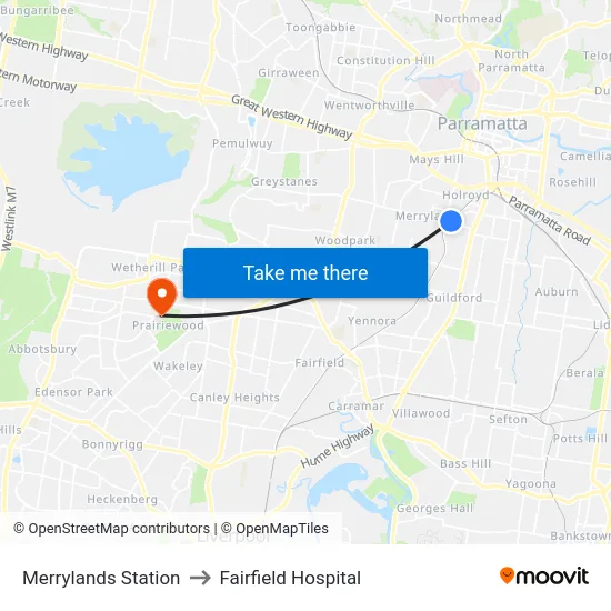Merrylands Station to Fairfield Hospital map