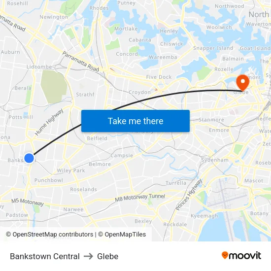 Bankstown Central to Glebe map