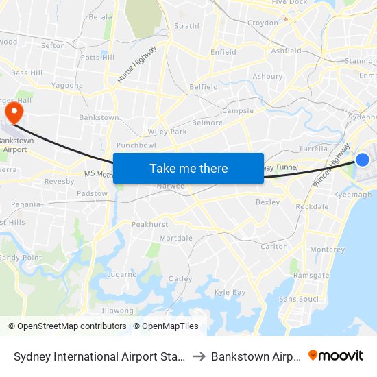 Sydney International Airport Station to Bankstown Airport map