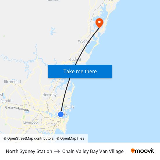 North Sydney Station to Chain Valley Bay Van Village map