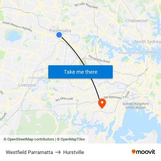 Westfield Parramatta to Hurstville map