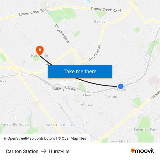 Carlton Station to Hurstville map