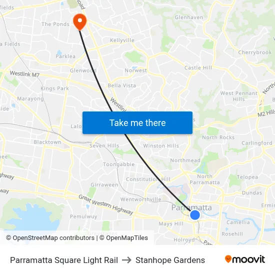 Parramatta Square Light Rail to Stanhope Gardens map