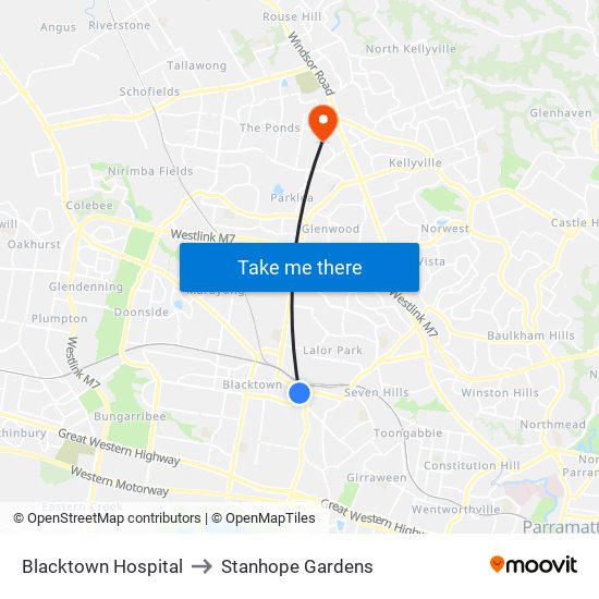 Blacktown Hospital to Stanhope Gardens map