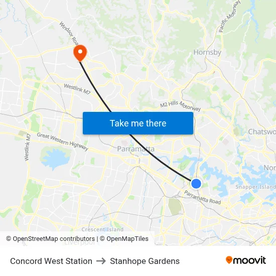 Concord West Station to Stanhope Gardens map