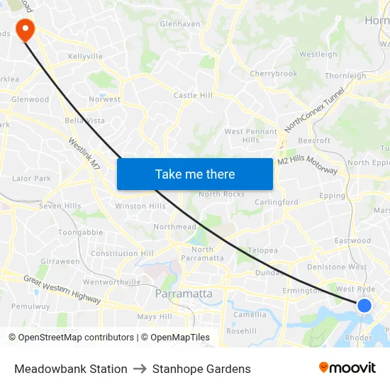 Meadowbank Station to Stanhope Gardens map