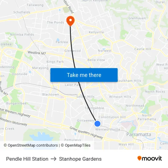 Pendle Hill Station to Stanhope Gardens map