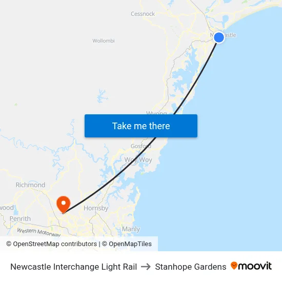 Newcastle Interchange Light Rail to Stanhope Gardens map