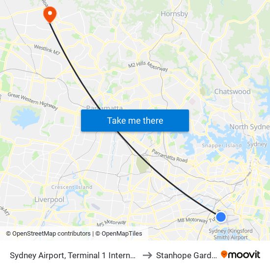 Sydney Airport, Terminal 1 International to Stanhope Gardens map