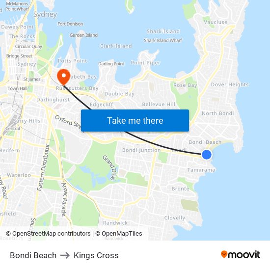 Bondi Beach to Kings Cross map