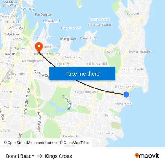 Bondi Beach to Kings Cross map