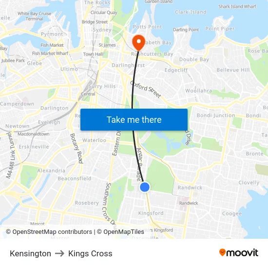 Kensington to Kings Cross map