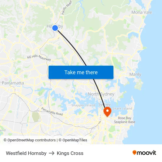 Westfield Hornsby to Kings Cross map