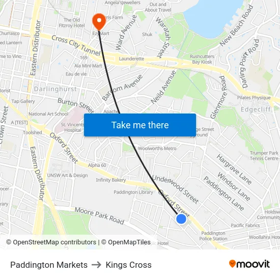 Paddington Markets to Kings Cross map
