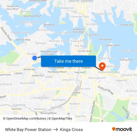 White Bay Power Station to Kings Cross map