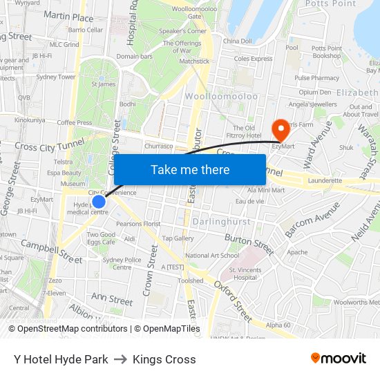 Y Hotel Hyde Park to Kings Cross map