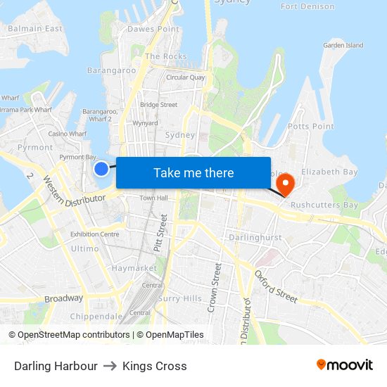 Darling Harbour to Kings Cross map