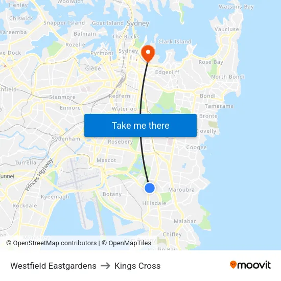 Westfield Eastgardens to Kings Cross map