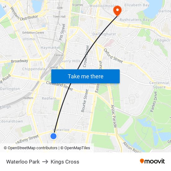 Waterloo Oval to Kings Cross map