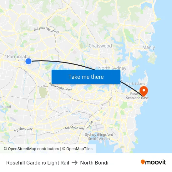 Rosehill Gardens Light Rail to North Bondi map