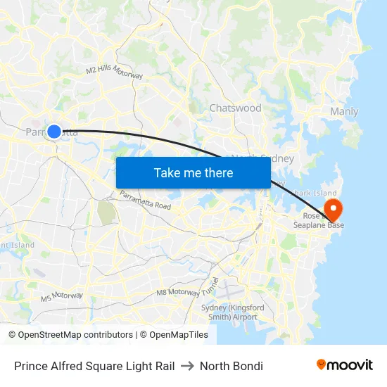 Prince Alfred Square Light Rail to North Bondi map