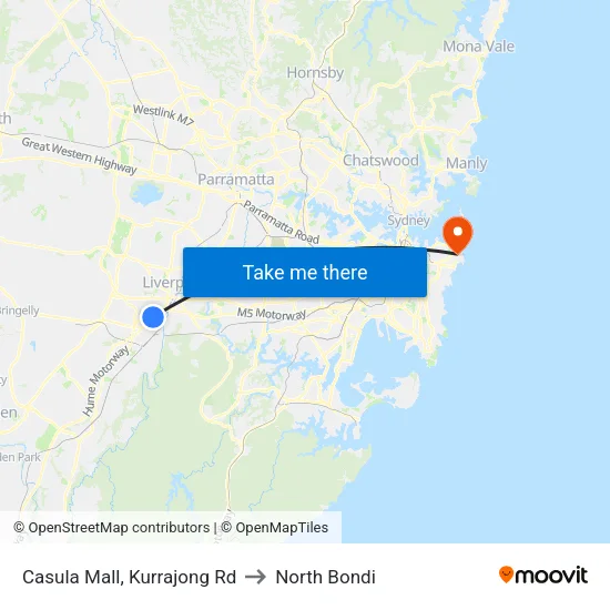 Casula Mall, Kurrajong Rd to North Bondi map