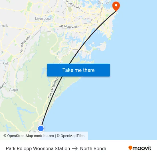 Park Rd opp Woonona Station to North Bondi map