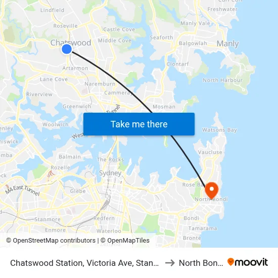 Chatswood Station, Victoria Ave, Stand E to North Bondi map