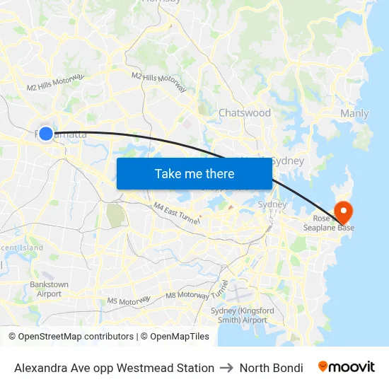 Alexandra Ave opp Westmead Station to North Bondi map