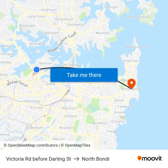 Victoria Rd before Darling St to North Bondi map