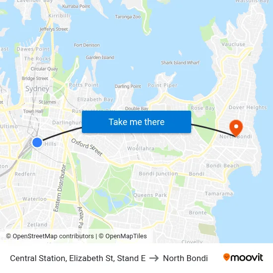 Central Station, Elizabeth St, Stand E to North Bondi map