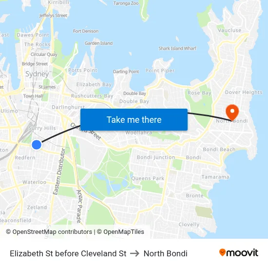 Elizabeth St before Cleveland St to North Bondi map