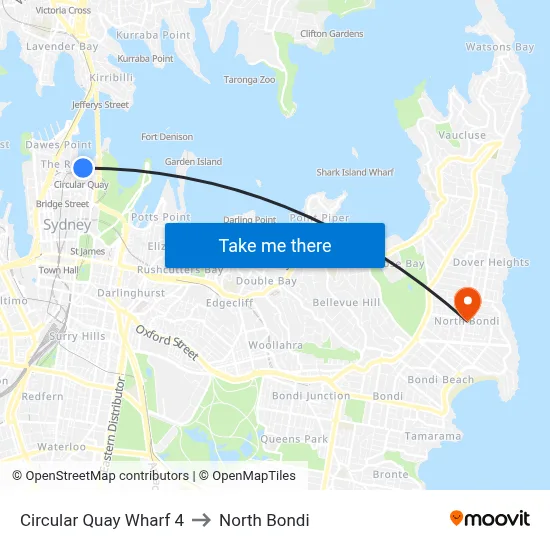 Circular Quay Wharf 4 to North Bondi map