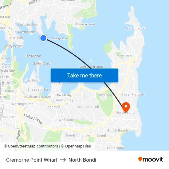 Cremorne Point Wharf to North Bondi map