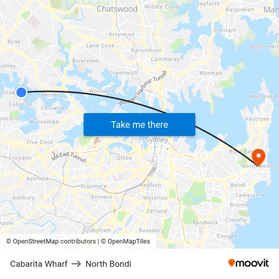 Cabarita Wharf to North Bondi map