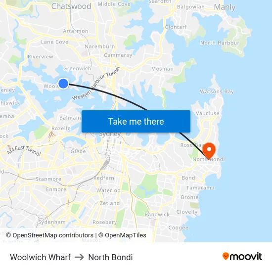 Woolwich Wharf to North Bondi map