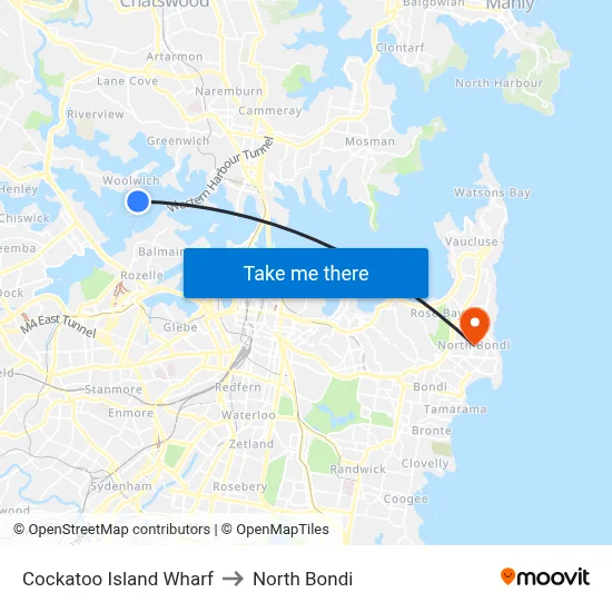Cockatoo Island Wharf to North Bondi map